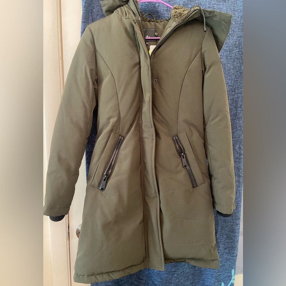 Sam Edelman Short Parka Long Sleeve Rib Knit Vent Loden XXS